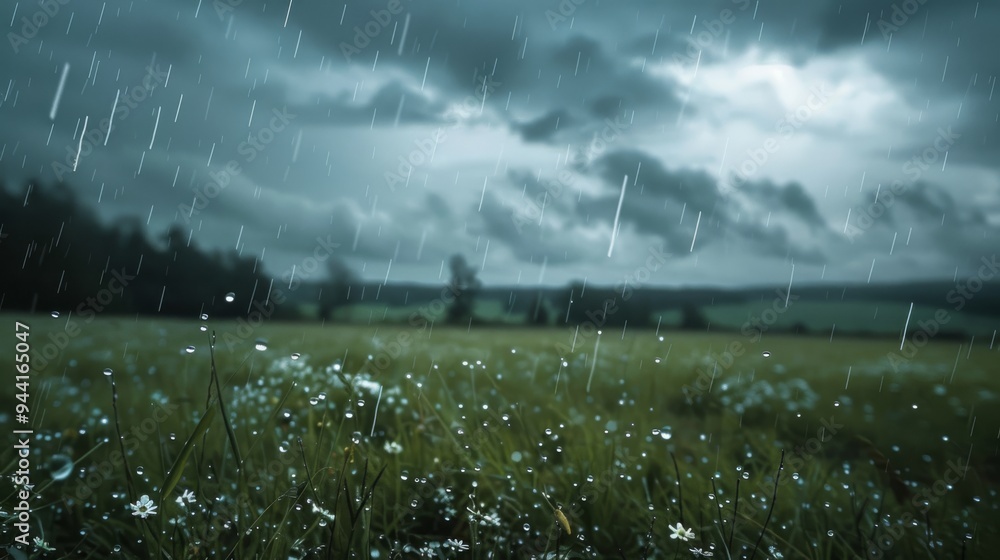 Aufkleber rainy weather over a rural field with dark clouds above and rain falling steadily, blurring the hori