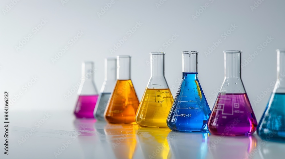 Poster set of beakers filled with different colored solutions