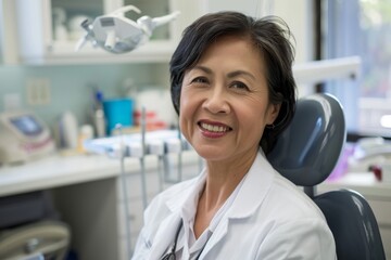 Portrait of a smiling middle aged Asian female dentist in modern clinic