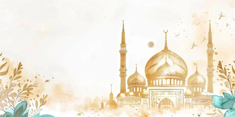 Watercolor postcard illustration of mosque on white background