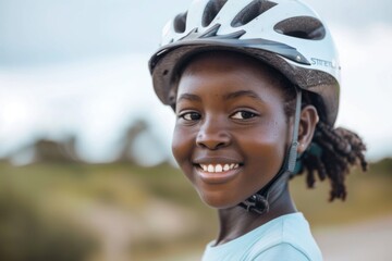 Fototapeta premium Smiling little girl with bicycle helmet portrait