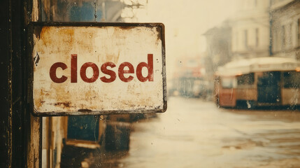 A 'closed' sign displayed prominently on the glass of a street-facing window, with an out-of-focus street and buildings scene in the background, evoking a sense of finality and stillness.