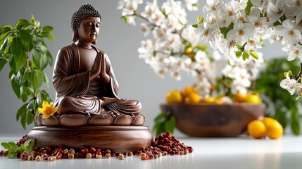 A wooden Buddha statue sits in meditation surrounded by blossoming branches and fruit