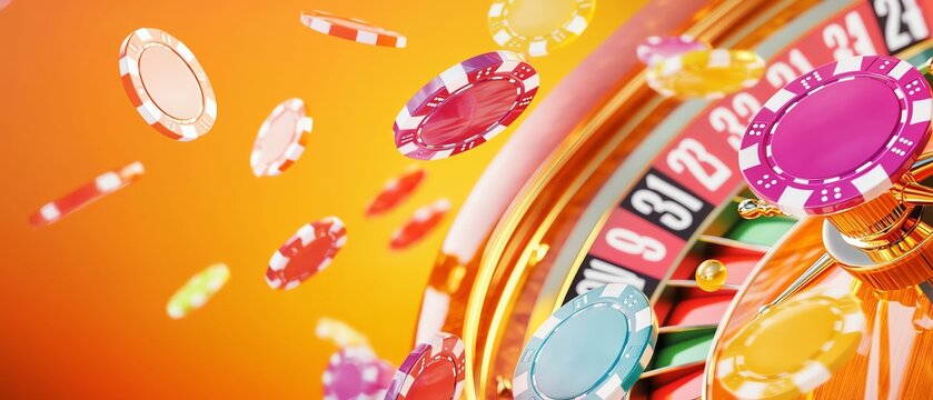 Vibrant 3D scene with a slot machine and roulette on the right side, set against a red, yellow, and orange background, colorful chips with bold white numbers flying through the air