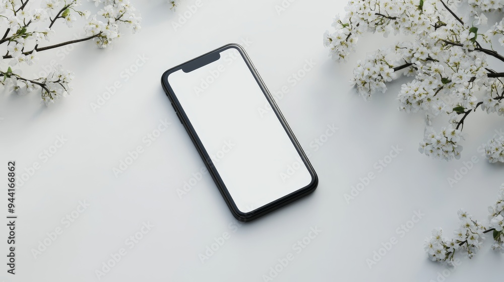 Poster Smartphone placed on a clean, white surface with a blank display and minimal background elements