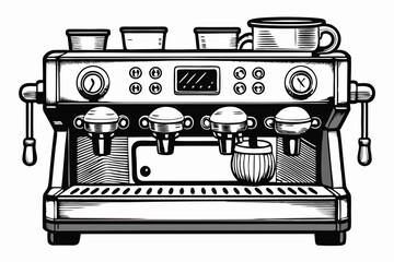 A black and white hand-drawn artistic representation of an espresso machine, featuring knobs and gauges. The detailed illustration showcases the mechanical design of the machine.
