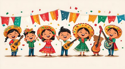 A fun and lively cartoon depicting a group of children celebrating Hispanic Heritage Month with flags and traditional music. 