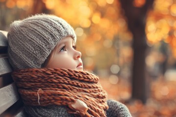 Young Girl in Knitted Hat and Scarf Looking Up in Autumn