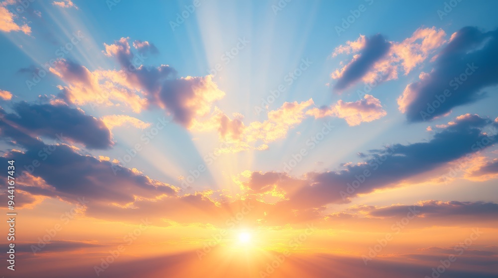 Poster soft sun rays cascading through a serene sunset sky, creating a peaceful and ethereal atmosphere,