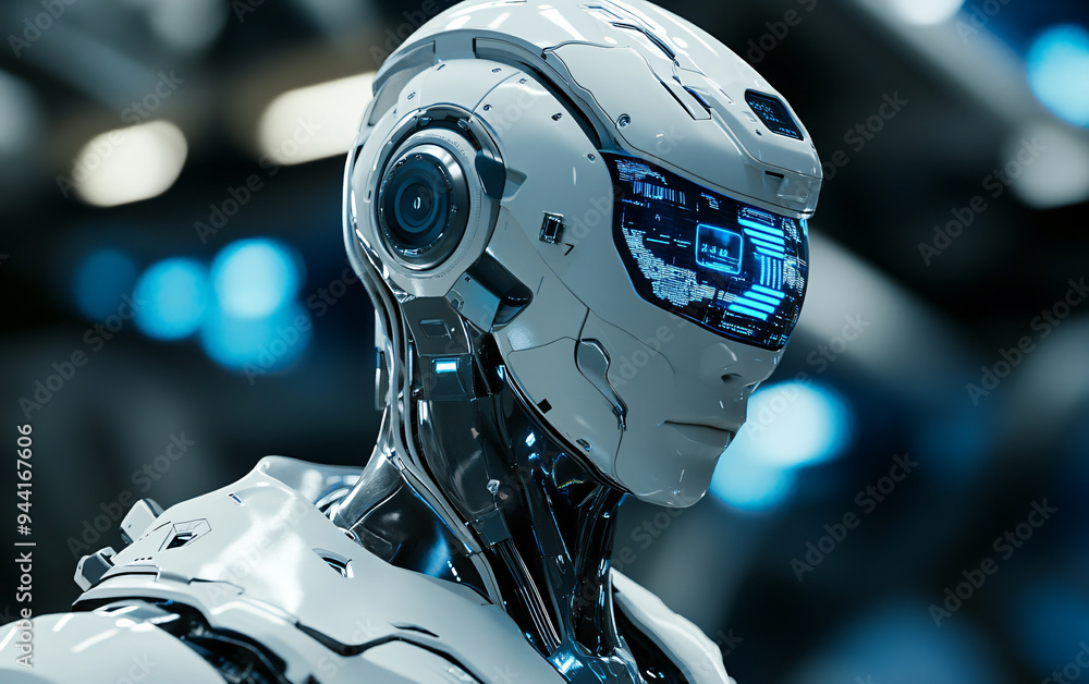 Poster humanoid robot with blue digital visor and advanced mechanical body. futuristic sci-fi studio portra