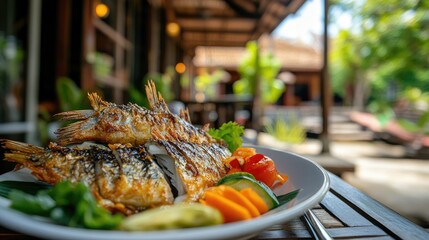 A vivid close-up of a plate with fried mackerel and vegetables, set against the backdrop of a traditional Thai-style house, capturing the dish's freshness and colors, no people.