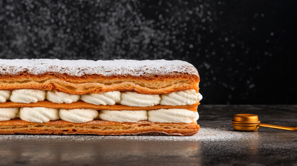 Delicious Layered Pastry with Whipped Cream and Powdered Sugar