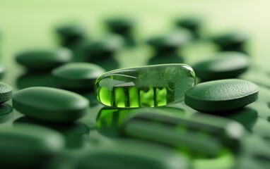 Close-up of green capsules and pills highlighting natural pharmaceutical products