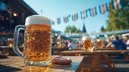An outdoor Oktoberfest celebration with long wooden tables filled with large beer mugs pretzels and sausages and the Bavaria flag hanging above with festival-goers in traditional Bavarian costumes