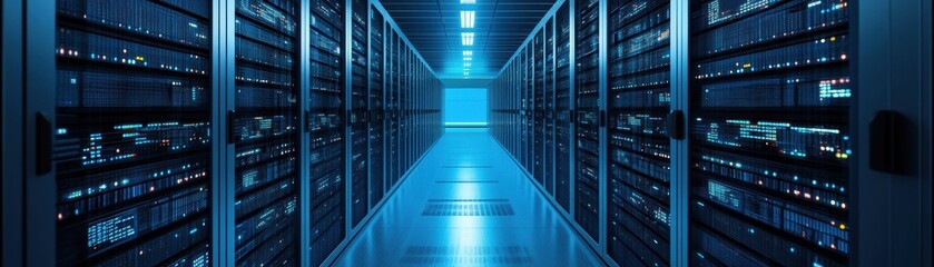 Data management in a modern server room with rows of network storage equipment