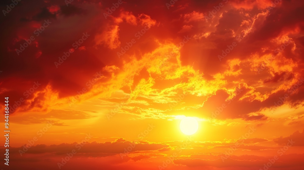 Poster the sun sets in a blaze of fiery colors, with the sky transitioning from bright yellow to deep crims