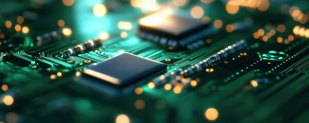 Obraz premium Hardware maintenance with detailed close-up of circuit board and microchips illuminated by soft lights