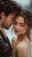 vertical 9:16 cute happy couple embracing under winter snowfall in formal attire