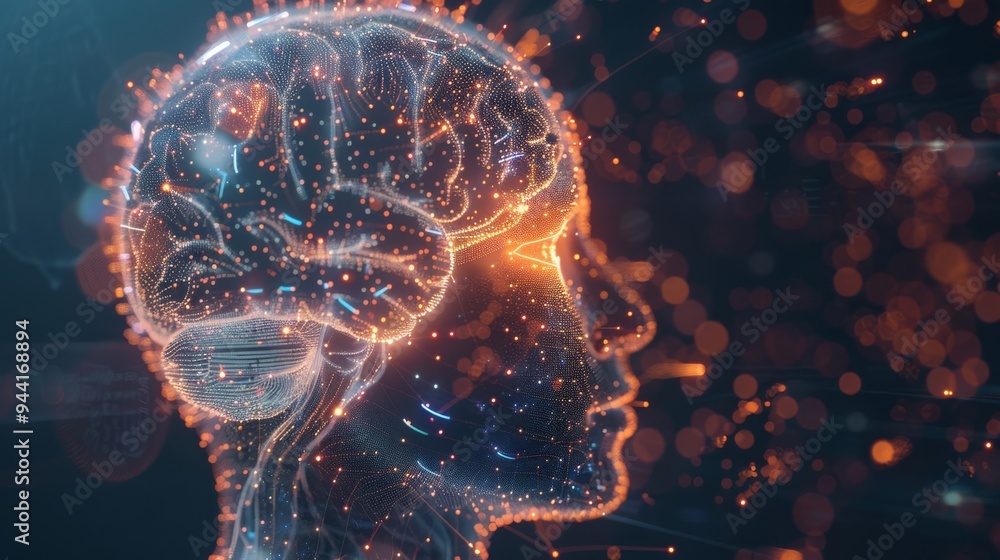 Poster transparent human head showcasing a luminous brain with pulsating lights, contrasted with a modern, 