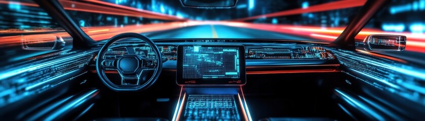 Obraz premium Interior view of a high-tech car emphasizing advanced automotive features and digital displays