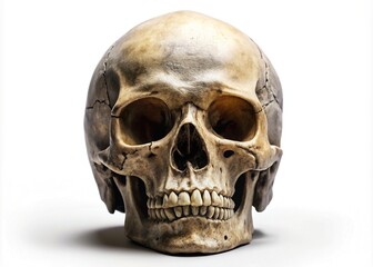 Isolated human skull on a clean white background, eerie yet fascinating, with subtle shadows highlighting the intricate details of the bony structure.