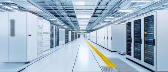 Modern data center interior with rows of servers and bright lighting