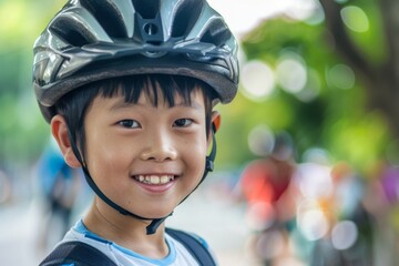 Smiling little boy with bicycle helmet portrait