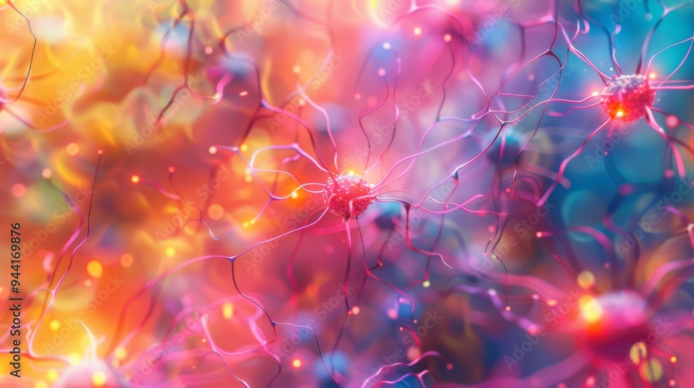 Poster vibrant neural network pattern, colorful synapses firing
