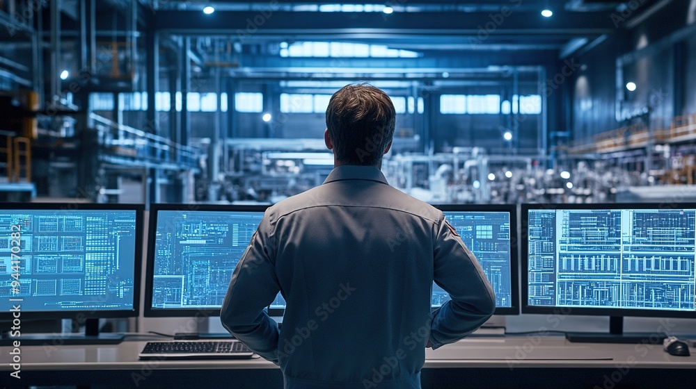Poster a technical engineer observes the production process through multiple monitors. innovative technolog