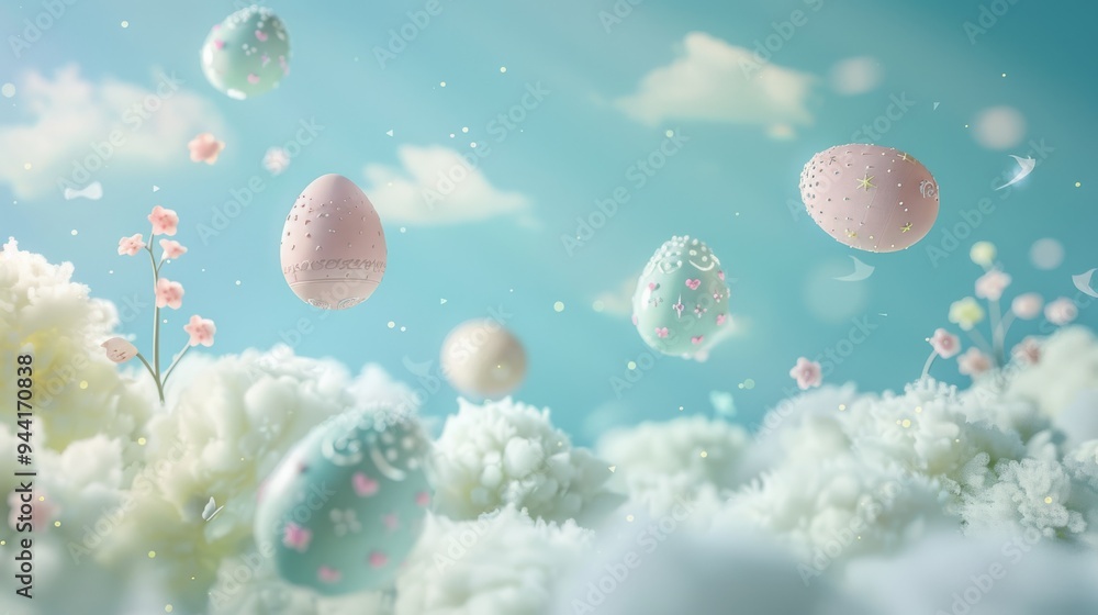 Aufkleber whimsical easter card background featuring a dreamy scene of a pastel sky with floating easter eggs 