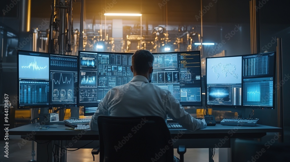 Poster a technical engineer observes the production process through multiple monitors. innovative technolog