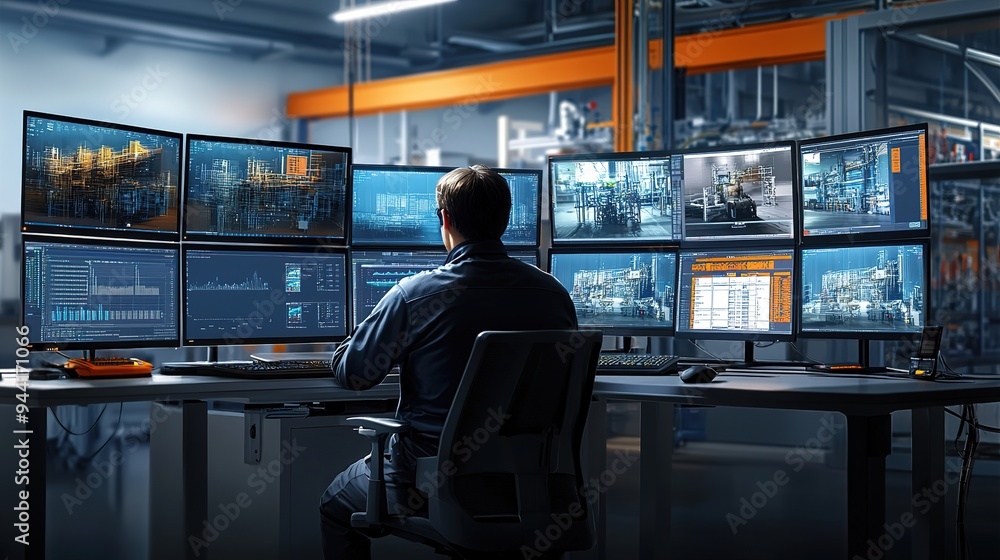 Poster a technical engineer observes the production process through multiple monitors. innovative technolog
