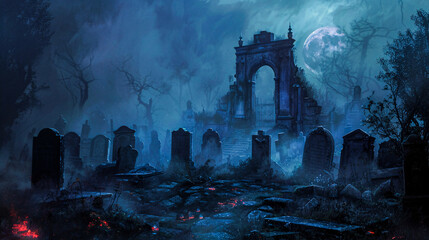 Fantasy horror graveyard illustration background .