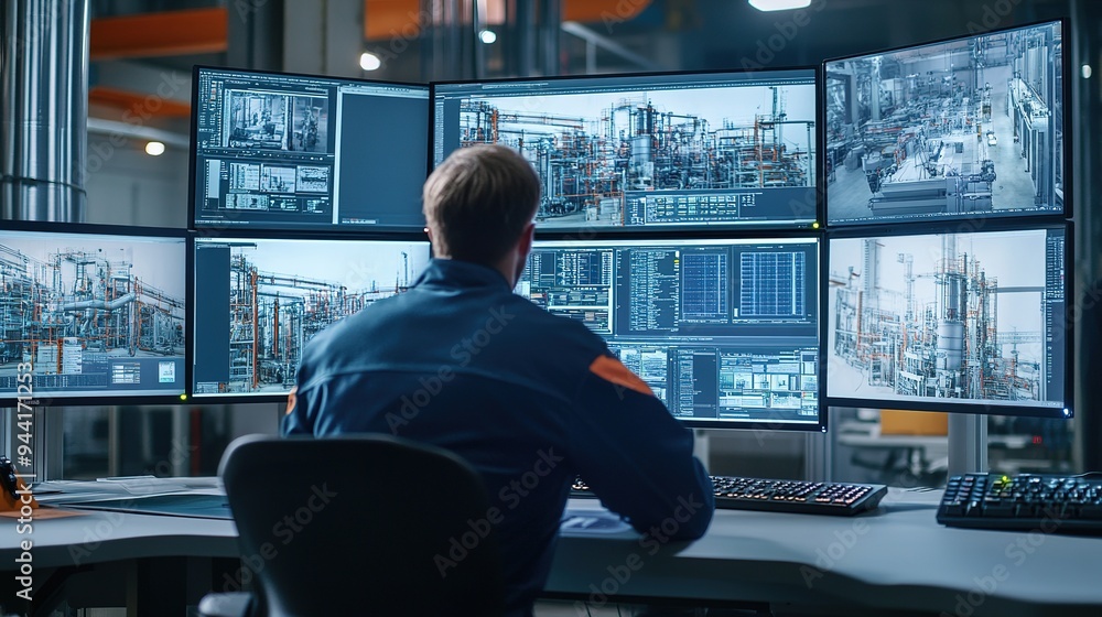 Poster a technical engineer observes the production process through multiple monitors. innovative technolog
