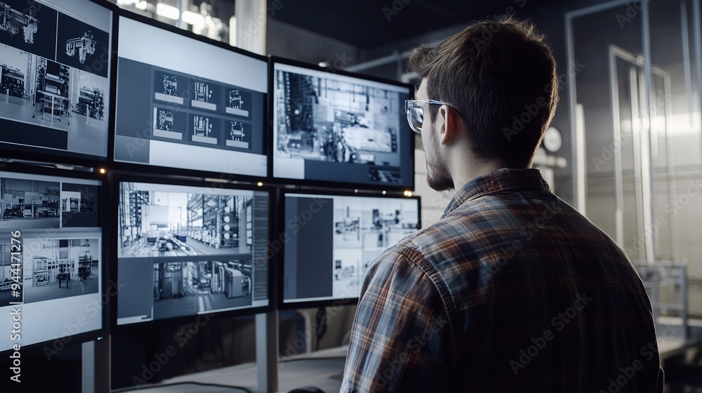 Poster a technical engineer observes the production process through multiple monitors. innovative technolog