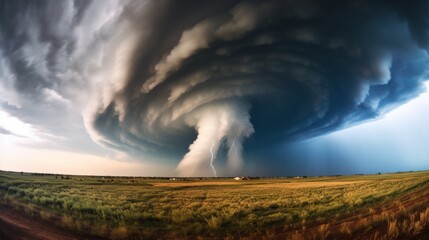 Wide-angle view of a tornado from a supercell moving over flat rural terrain