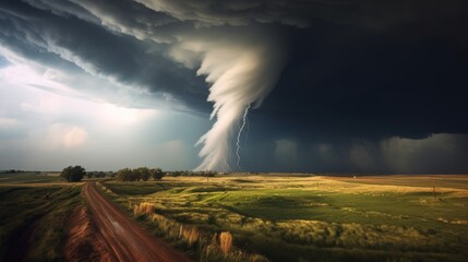 Wide-angle view of a tornado from a supercell moving over flat rural terrain