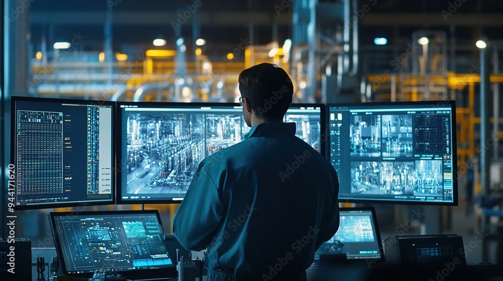 Poster a technical engineer observes the production process through multiple monitors. innovative technolog
