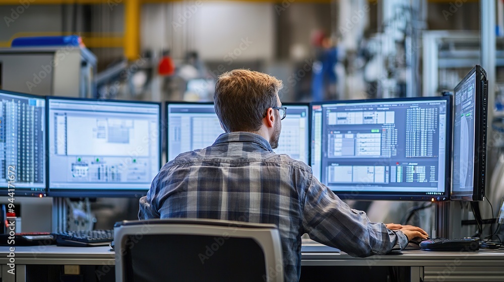 Poster a technical engineer observes the production process through multiple monitors. innovative technolog
