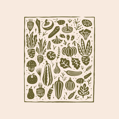Hand drawn linocut style vegetables poster. Grunge illustration of different vegetables. Vector background