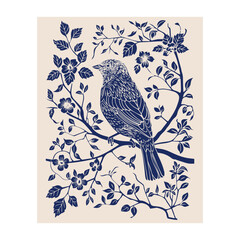 Hand drawn linocut style bird on a branch. Grunge illustration of bird silhouette isolated	
