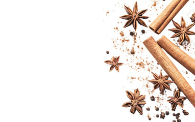 Fototapeta premium Cinnamon sticks and star anise create an inviting composition, perfect for enhancing flavor in festive recipes or baking delights. Transparent background PNG
