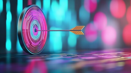 Hitting the bullseye, digital stock trading, neon arrows, financial goals achievement, sleek modern design