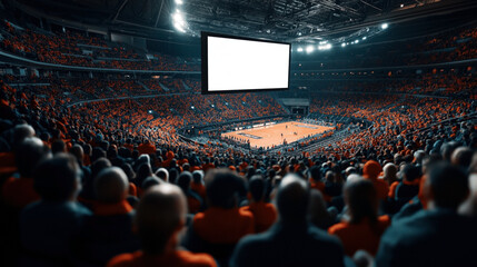 Packed sports arena with spectators in orange clothing watching a basketball game, with a large screen displaying content above the court.