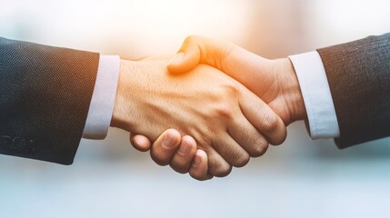 Closeup of a firm handshake between two business partners in a sleek office environment symbolizing successful negotiations and trust with a sense of mutual respect and achievement