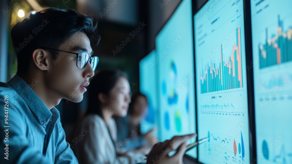 Poster focused young professional analyzing data on large screens in a dark office, symbolizing data analys