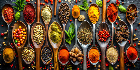 A collection of aromatic oriental spices in special professional cooking spoons, complemented by green aromatic herbs. A dream of a chef, cook, pastry chef and bar. Top view. Dark luxury tabletop.