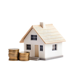 A miniature house model beside stacks of coins, symbolizing real estate investment and financial growth.