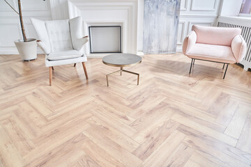 Parquet floors with a wood pattern, light brown tones and a smooth polished surface will decorate the modern living room. With space to copy. High quality photo
