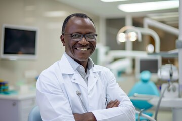 Portrait of a smiling middle aged male dentist in modern clinic